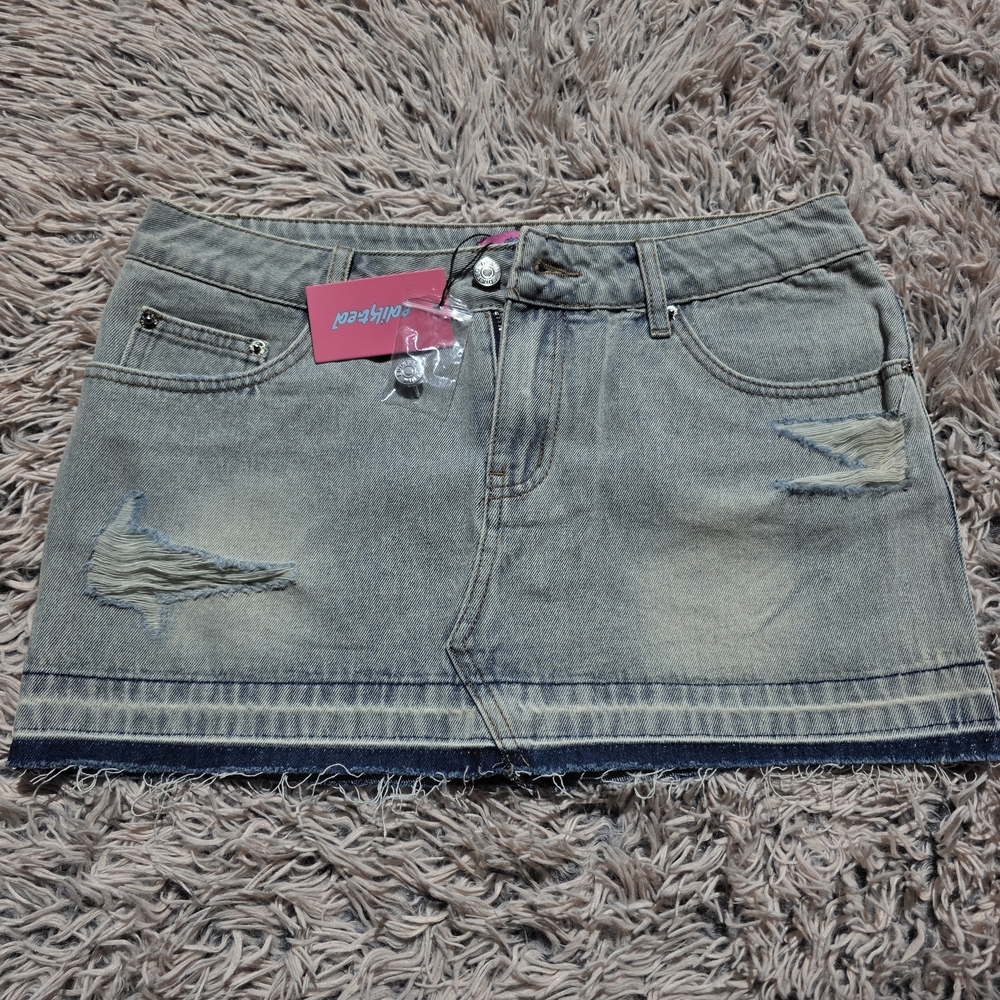 Edikted Priyinka Distressed Denim Mini Skirt Brand New Never Worn - Blue